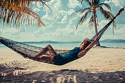 美女,放松,吊床,热带沙滩