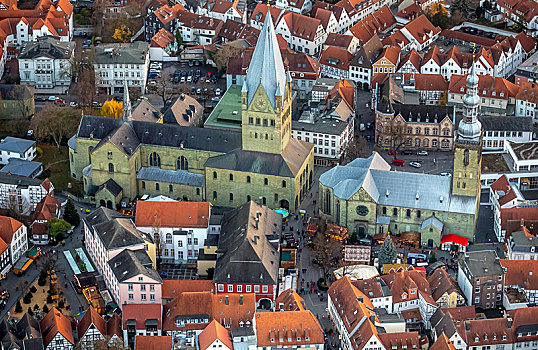 航拍,市政厅,教堂,大教堂,圣诞市场,大教堂广场,老城,北莱茵威斯特伐利亚,德国,欧洲