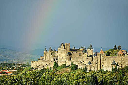 彩虹,上方,要塞,卡尔卡松尼,郎格多克,法国