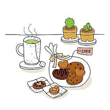 插画,绿茶,饼干