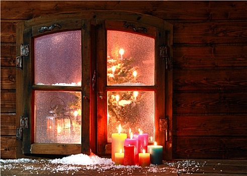 雪,蜡烛,窗边,窗格