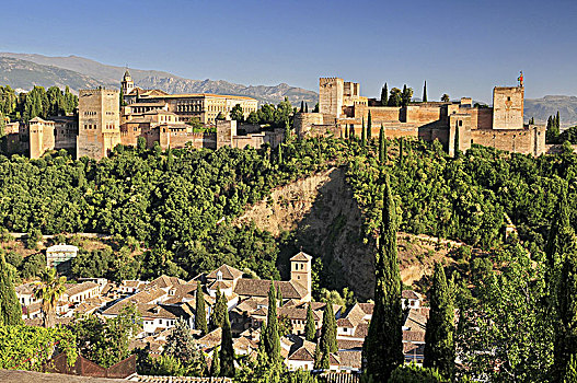西班牙,安达卢西亚,格拉纳达,风景,内庭,水渠,阿尔罕布拉,全景,阿尔卡萨瓦城堡,城市,城堡,山