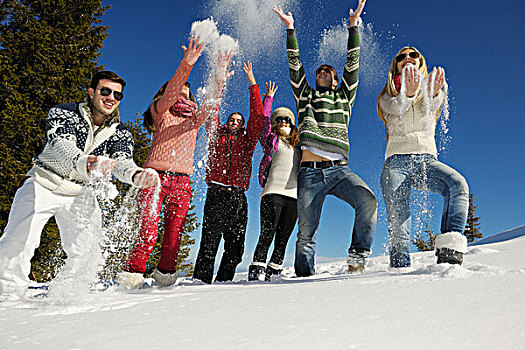 高兴,年轻人,群体,开心,享受,初雪,美女,冬天,白天