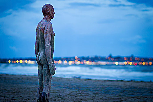 铁,男人,雕塑,蓝色,钟点,海滩
