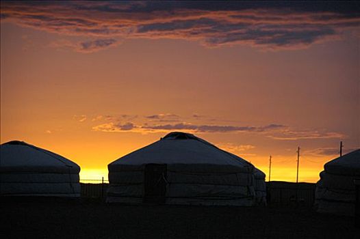 落日,后面,蒙古包,露营,蒙古