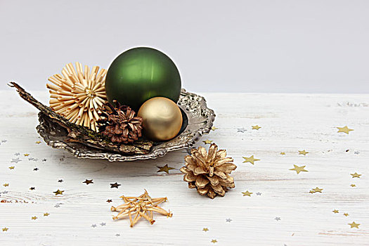装饰,圣诞节,盘子,圣诞节饰物,绿色,金色,稻草,星