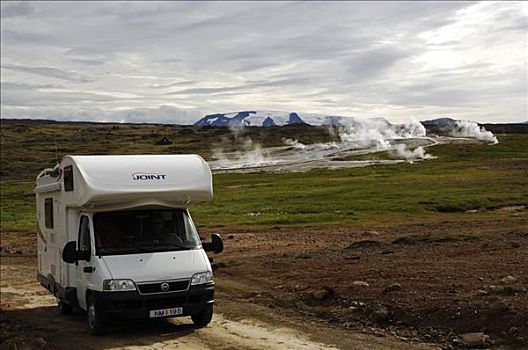 野营车,正面,喷气孔,靠近,高地,冰岛,欧洲