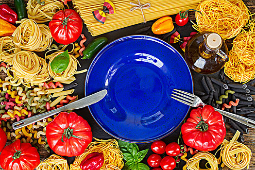 生食,意大利面,蓝色,留白,空,盘子,钢铁,叉子,刀
