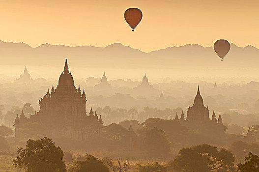 热气球,上方,朴素,蒲甘,模糊,早晨,缅甸