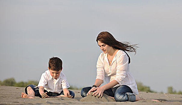 高兴,孩子,母亲,儿子,放松,玩,沙子,游戏,海滩,夏季