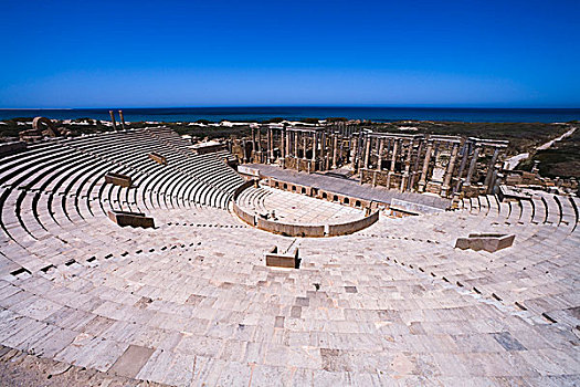 俯拍,遗址,圆形剧场,莱普蒂斯马格纳,利比亚