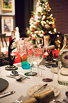 桌子,圣诞餐,银,晶莹,玻璃杯,圣诞树,背景