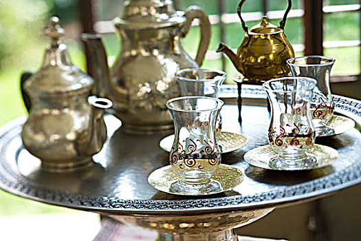 银,茶,托盘,茶壶,玻璃,茶杯