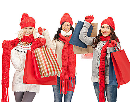 购物,圣诞节,概念,女孩,红色,围巾,帽子,购物袋