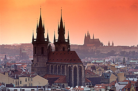 提恩教堂,城堡,背景,老城,布拉格,捷克共和国