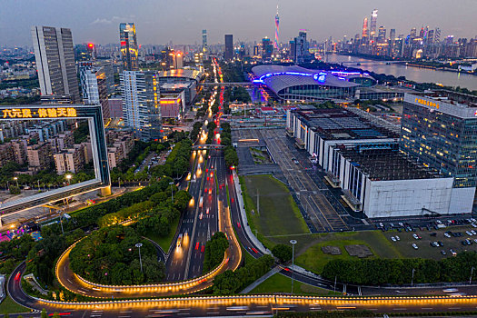 广州,夜景,琶洲,会展中心,国际,乐购,中心,新港,东路,立交桥,东塔,西塔