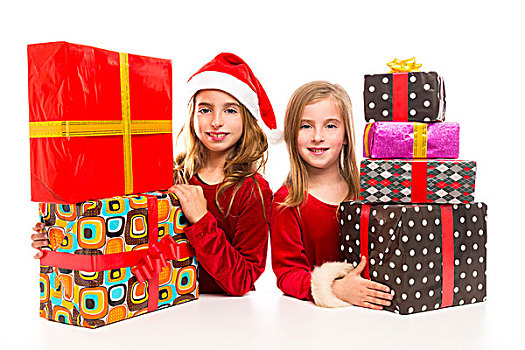 圣诞节,圣诞老人,儿童,女孩,许多,礼物,一堆,隔绝,白色背景