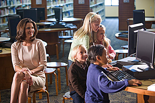 小学,教师,图书馆,儿童,看电脑