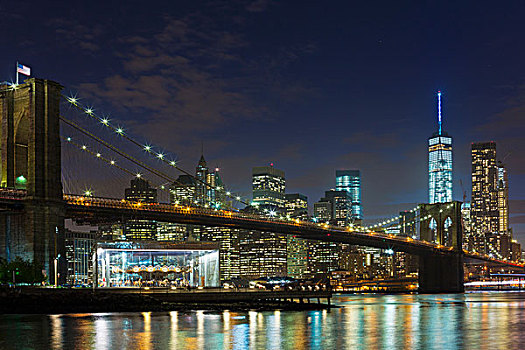 夜景,曼哈顿,金融区,布鲁克林大桥,纽约,美国