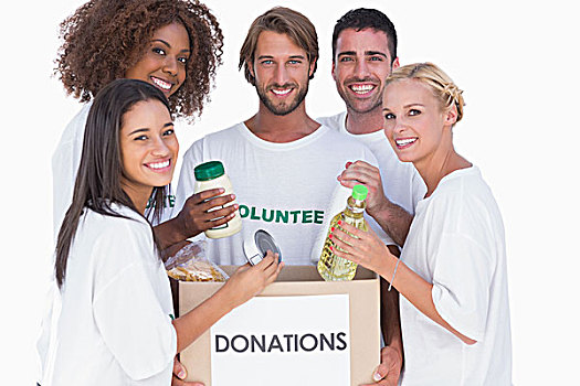 高兴,志愿者,放,食物,捐赠,盒子