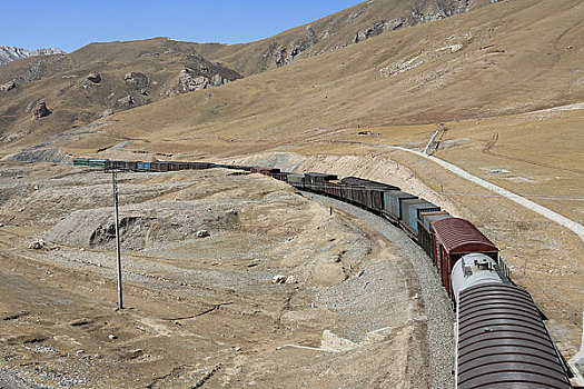 青海西宁至格尔木的铁路,这是驶出关角隧道的火车在进行下坡
