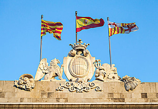 旗帜,加泰罗尼亚,西班牙,巴塞罗那,屋顶