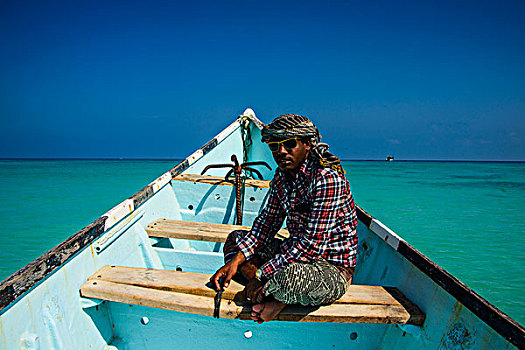 男人,坐,渔船,岛屿,索科特拉岛,也门,亚洲