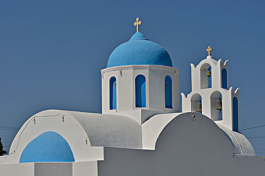 鲜明,蓝色,圆顶,教堂,靠近,锡拉岛,基克拉迪群岛,希腊,岛屿,欧洲
