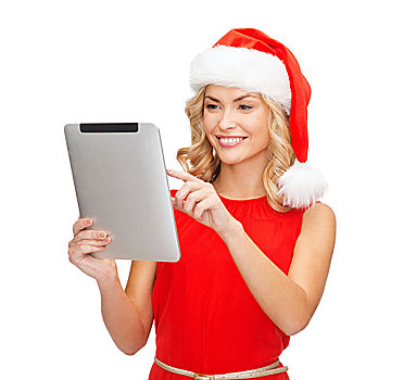 圣诞节,圣诞,电子产品,小物件,概念,微笑,女人,圣诞老人,帽子,平板电脑