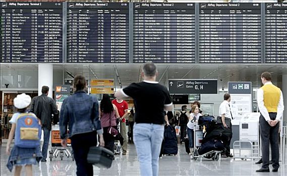 乘客,正面,信息牌,清单,慕尼黑,机场,巴伐利亚,德国,欧洲