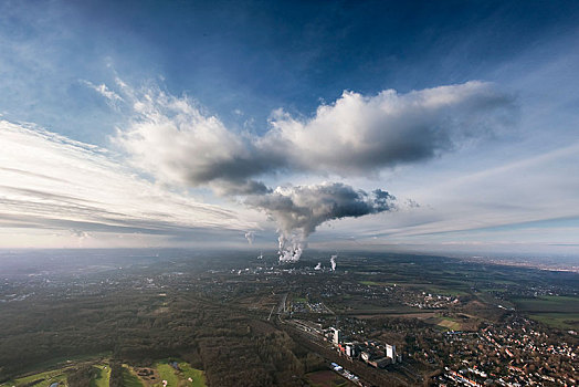 航拍,发电站,水汽,云,俯视,北莱茵威斯特伐利亚,德国,欧洲