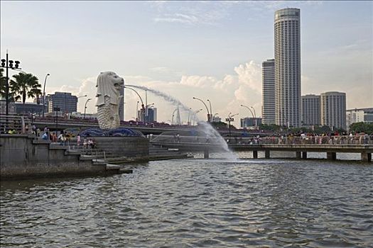 金融区,新加坡,码头,湾,后面,雕塑,鱼尾狮,一半,鱼,吉祥物,东南亚