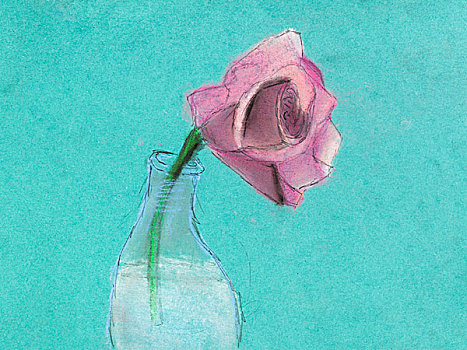 孩子,绘画,一个,粉红玫瑰,花,瓶子