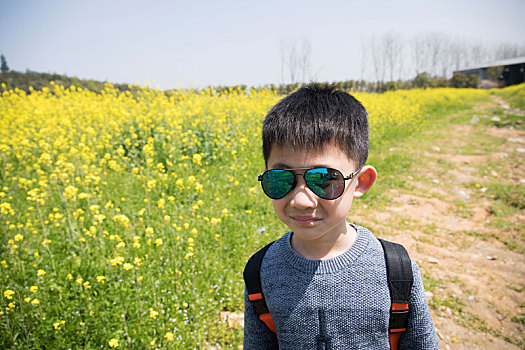 男孩,油菜花地,郊游