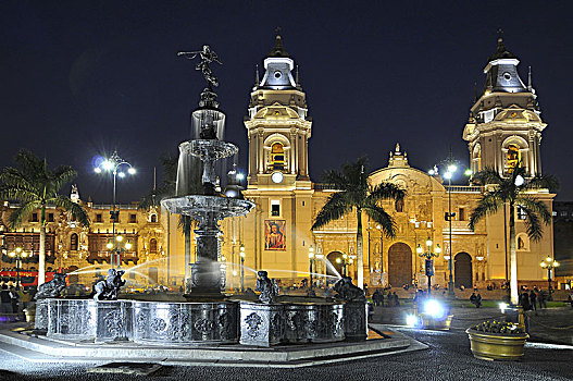 秘鲁,利马,广场,阿玛斯,喷泉,背景,大教堂,夜晚