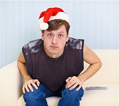 男青年,坐,沙发,红色,圣诞节,帽