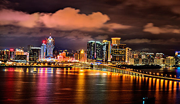 澳门,海面,夜景,灯光,大桥