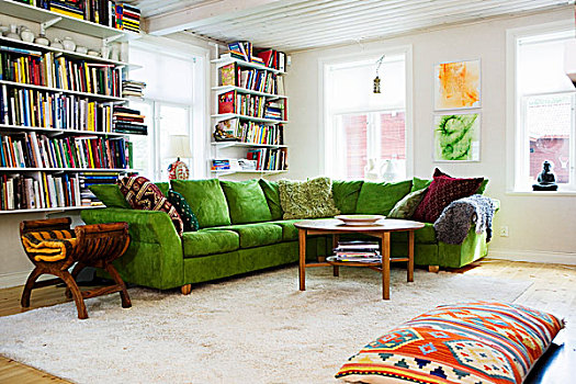 角,客厅,绿色,沙发,书架,靠近,窗