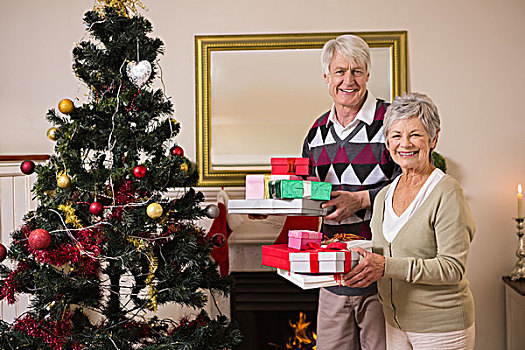 老年,夫妻,礼物,圣诞树