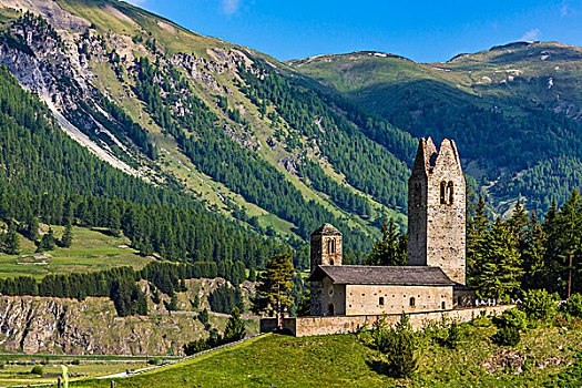教堂,山,围绕,阿尔卑斯山,靠近,圣莫里茨,瑞士