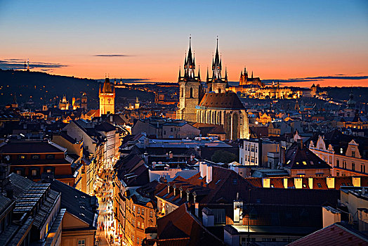 圣母大教堂,布拉格,天际线,屋顶,风景,日落,捷克共和国