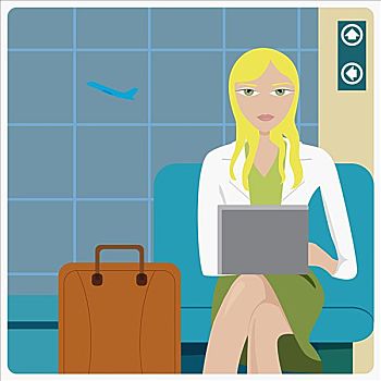 职业女性,坐,机场,笔记本电脑