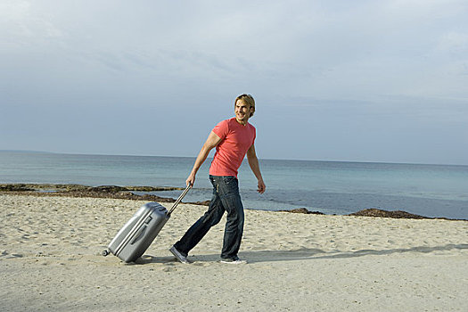 男人,拉拽,手提箱,海滩,伊比沙岛,西班牙