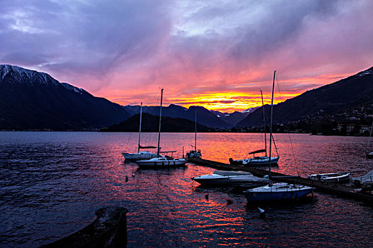 游艇,日落,科摩湖,意大利