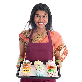 传统,印度女人,烘制,面包,杯形蛋糕