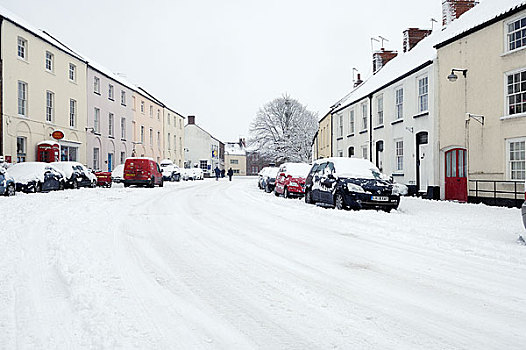 英格兰,萨默塞特,宽,街道,乡村,雪