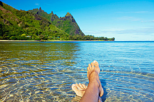 赤脚,清晰,浅水,海岸,夏威夷,岛屿,考艾岛,美国