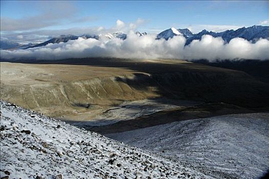 初雪,云,影子,山峦,草原,蒙古,阿尔泰,靠近,乌布苏,亚洲