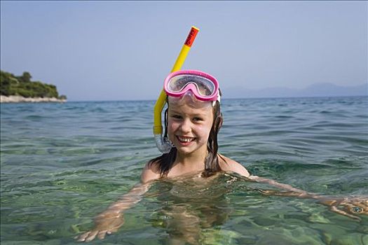 女孩,潜水镜,通气管,6岁,达尔马提亚,克罗地亚,欧洲