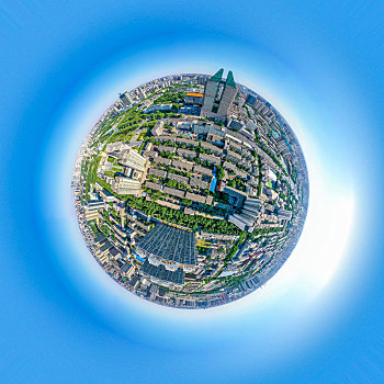 小行星视角航拍郑州裕达国贸酒店大楼,郑州裕达国际贸易中心大厦,球形全景图